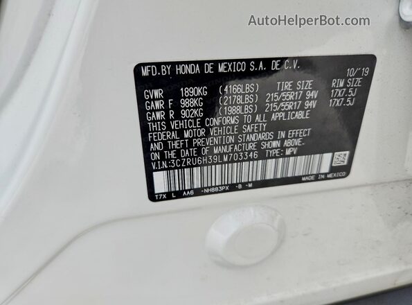 3CZRU6H39LM703346 2020 HONDA HR-V White Вид наклейки з VIN-кодом