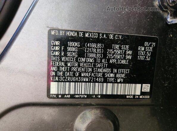 3CZRU6H39MM721489 2021 HONDA HR-V Gray Շարժիչի բաժամունքի տեսք