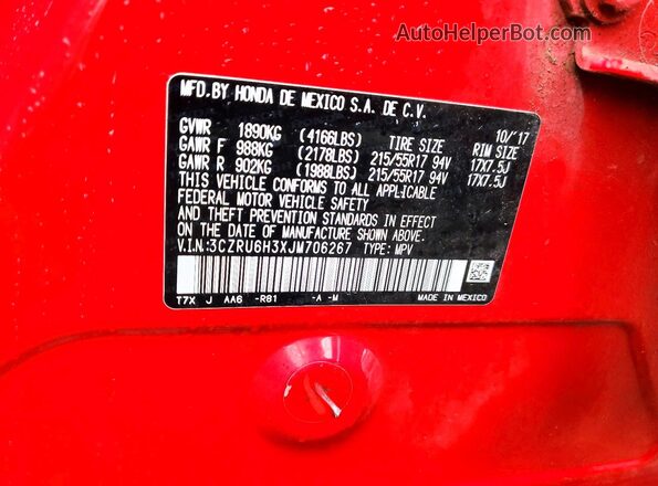 3CZRU6H3XJM706267 2018 HONDA HR-V Red Vista del compartimento del motor