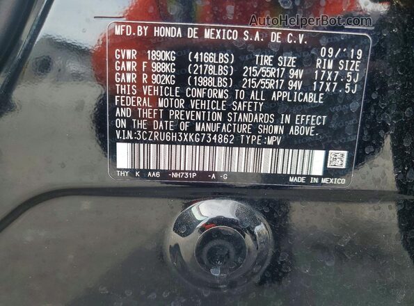 3CZRU6H3XKG734862 2019 HONDA HR-V Black Вид наклейки з VIN-кодом