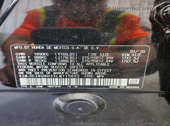 3CZRU6H3XLM715652 2020 HONDA HR-V Black ძრავის განყოფილების ხედი