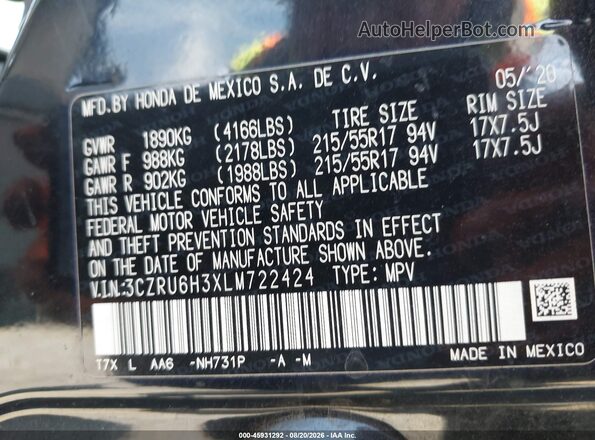 3CZRU6H3XLM722424 2020 HONDA HR-V Black Vista del compartimento del motor