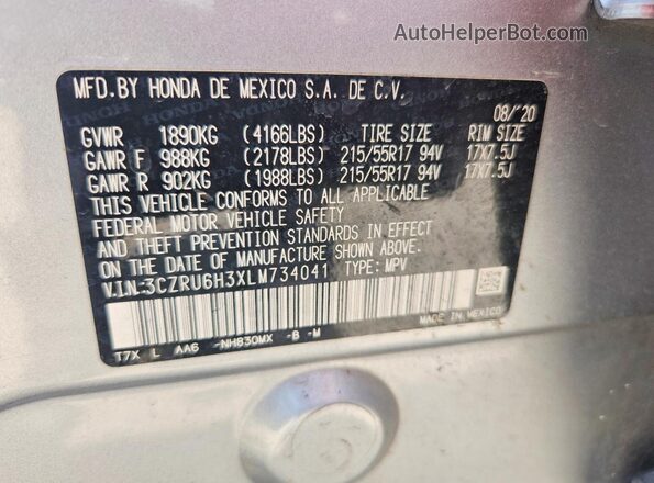 3CZRU6H3XLM734041 2020 HONDA HR-V Silver Vista interior de 360 grados