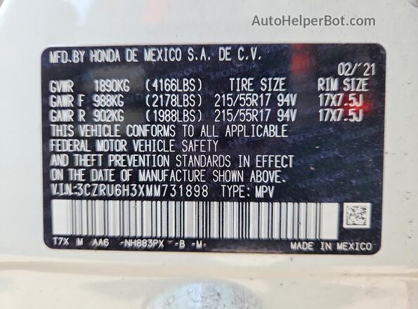 3CZRU6H3XMM731898 2021 HONDA HR-V White Vista de la etiqueta del VIN