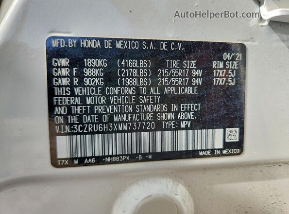 3CZRU6H3XMM737720 2021 HONDA HR-V White Շարժիչի բաժամունքի տեսք