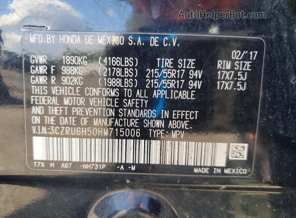 3CZRU6H50HM715006 2017 HONDA HR-V Black Vista de la etiqueta del VIN