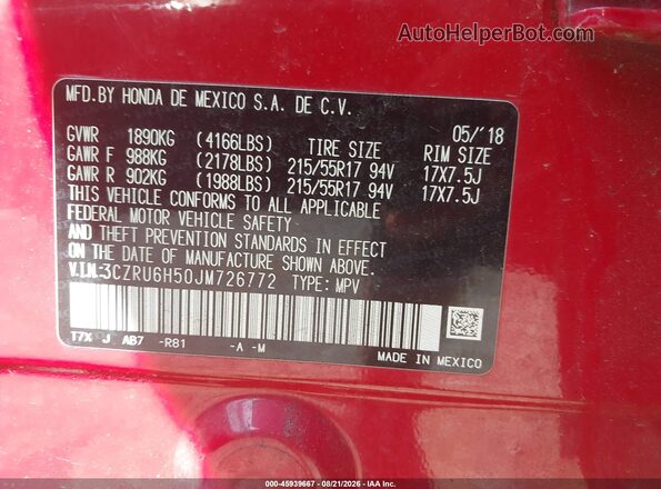 3CZRU6H50JM726772 2018 HONDA HR-V Red Vista del compartimento del motor