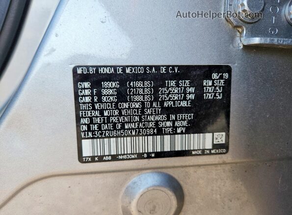 3CZRU6H50KM730984 2019 HONDA HR-V Gray Vista de la etiqueta del VIN