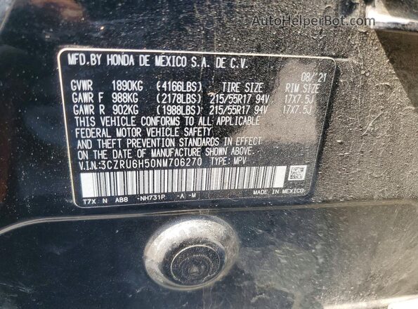 3CZRU6H50NM706270 2022 HONDA HR-V Black VIN կոդի պիտակի տեսք