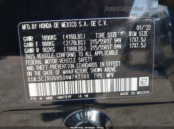 3CZRU6H50NM747160 2022 HONDA HR-V Black Engine compartment view