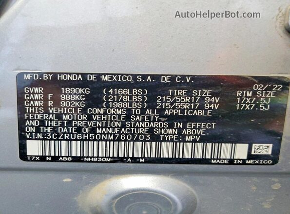 3CZRU6H50NM760703 2022 HONDA HR-V Silver Widok naklejki z numerem VIN