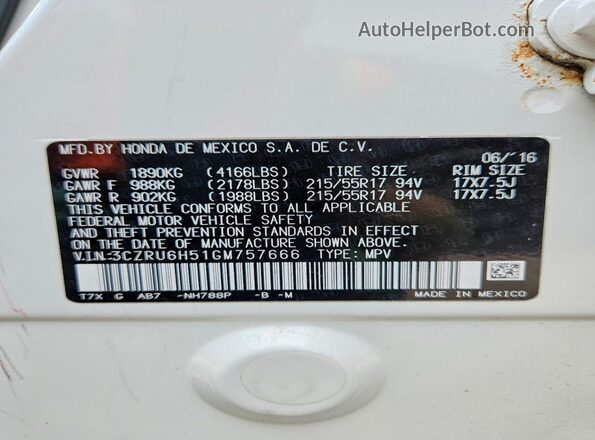 3CZRU6H51GM757666 2016 HONDA HR-V White Vista del compartimento del motor