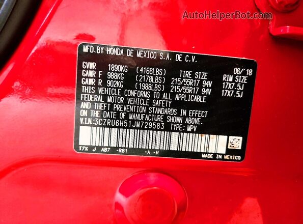 3CZRU6H51JM729583 2018 HONDA HR-V Red VIN կոդի պիտակի տեսք