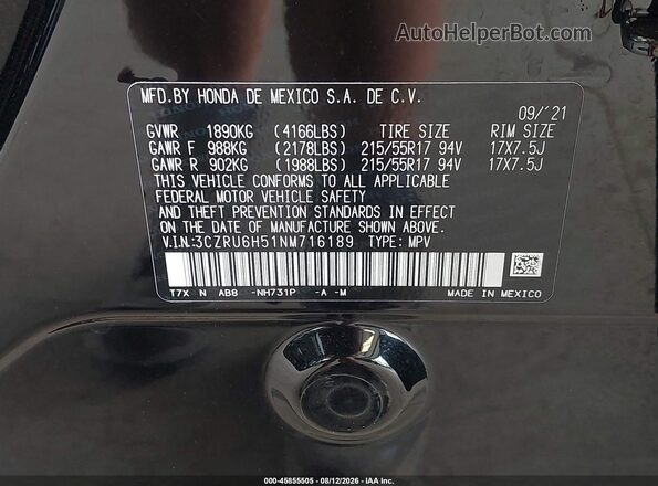 3CZRU6H51NM716189 2022 HONDA HR-V Black Engine compartment view