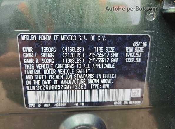 3CZRU6H52GM742383 2016 HONDA HR-V Green VIN կոդի պիտակի տեսք