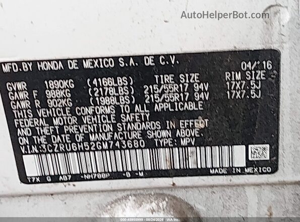 3CZRU6H52GM743680 2016 HONDA HR-V White Widok komory silnika