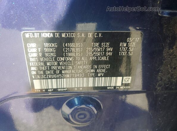 3CZRU6H52HM719493 2017 HONDA HR-V Blue VIN կոդի պիտակի տեսք