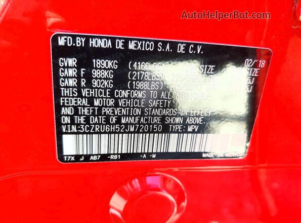 3CZRU6H52JM720150 2018 HONDA HR-V Red VIN կոդի պիտակի տեսք