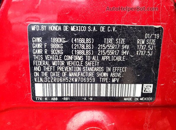 3CZRU6H52KM706959 2019 HONDA HR-V Red Вид наклейки з VIN-кодом