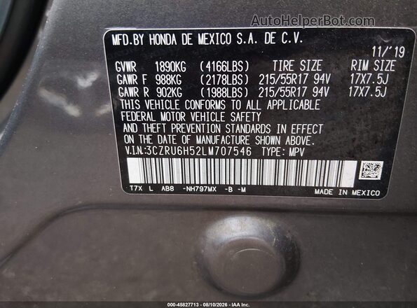 3CZRU6H52LM707546 2020 HONDA HR-V Gray Շարժիչի բաժամունքի տեսք