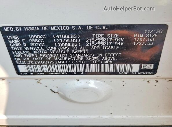3CZRU6H52MM710450 2021 HONDA HR-V White VIN კოდის სტიკერის ხედი