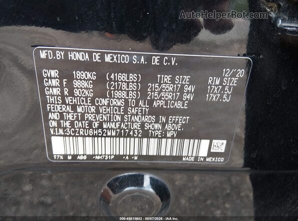 3CZRU6H52MM717432 2021 HONDA HR-V Black Вид підкапотного простору