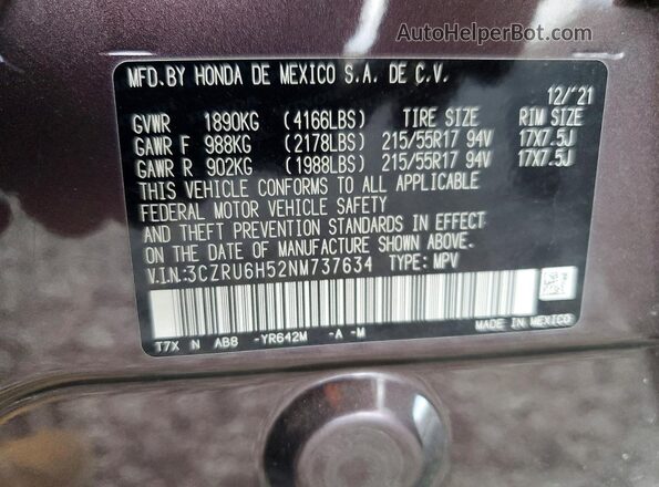3CZRU6H52NM737634 2022 HONDA HR-V Purple Vista interior de 360 grados