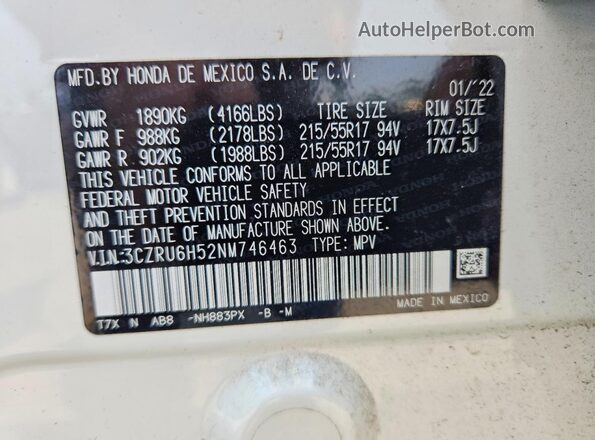 3CZRU6H52NM746463 2022 HONDA HR-V White VIN კოდის სტიკერის ხედი