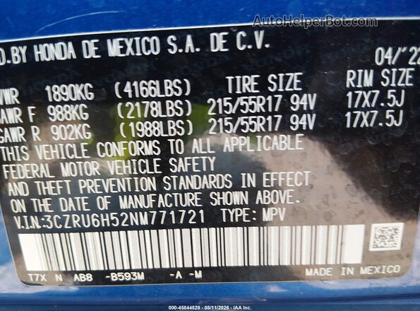 3CZRU6H52NM771721 2022 HONDA HR-V Blue Widok komory silnika
