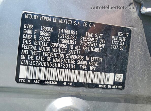 3CZRU6H53HM720104 2017 HONDA HR-V Silver VIN sticker view