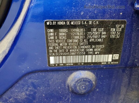 3CZRU6H53MM715558 2021 HONDA HR-V Blue VIN կոդի պիտակի տեսք