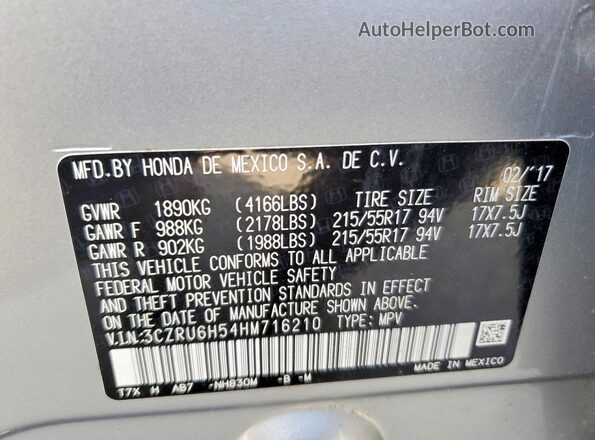 3CZRU6H54HM716210 2017 HONDA HR-V Silver Вид наклейки з VIN-кодом