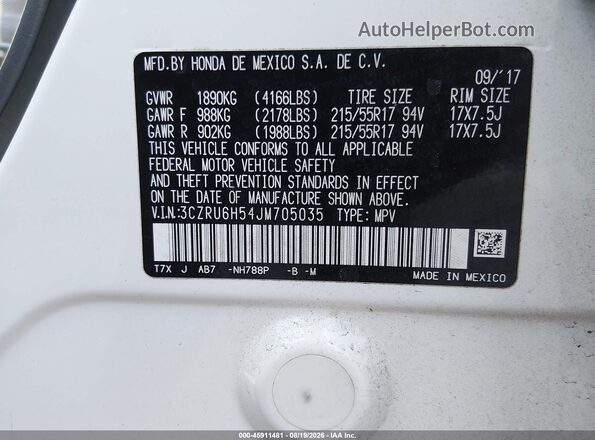 3CZRU6H54JM705035 2018 HONDA HR-V Белый Вид подкапотного пространства