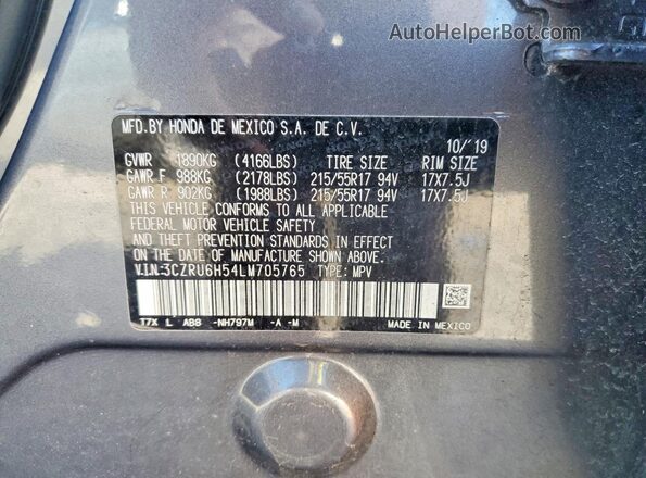 3CZRU6H54LM705765 2020 HONDA HR-V Gray Vista de la etiqueta del VIN