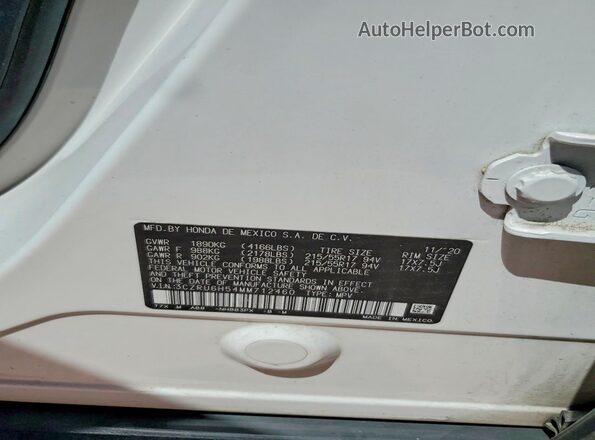 3CZRU6H54MM712460 2021 HONDA HR-V White VIN კოდის სტიკერის ხედი
