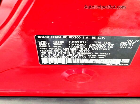 3CZRU6H55HM724509 2017 HONDA HR-V Red VIN կոդի պիտակի տեսք