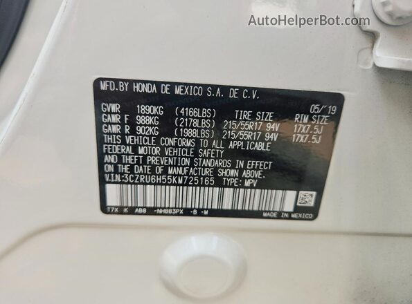 3CZRU6H55KM725165 2019 HONDA HR-V White VIN sticker view