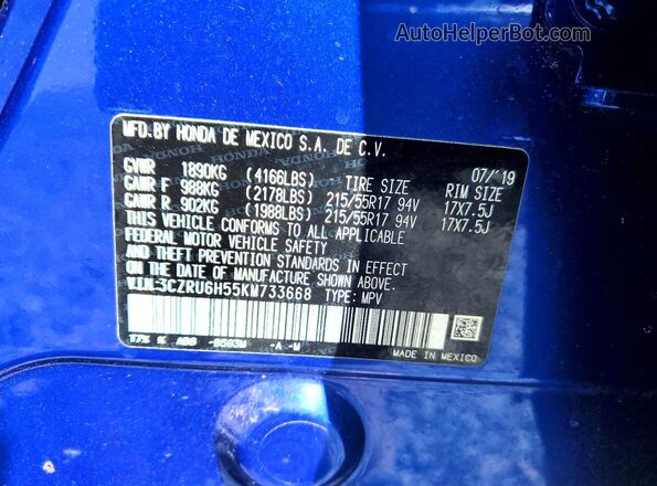 3CZRU6H55KM733668 2019 HONDA HR-V Blue VIN sticker view