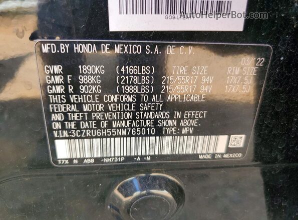 3CZRU6H55NM765010 2022 HONDA HR-V Black VIN կոդի պիտակի տեսք