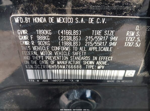 3CZRU6H55NM766688 2022 HONDA HR-V Black Engine compartment view
