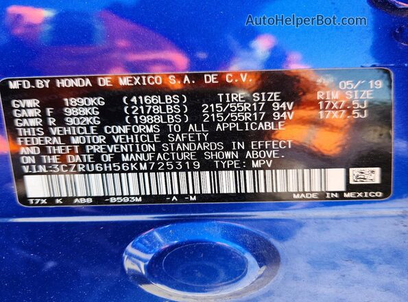 3CZRU6H56KM725319 2019 HONDA HR-V Blue Widok naklejki z numerem VIN