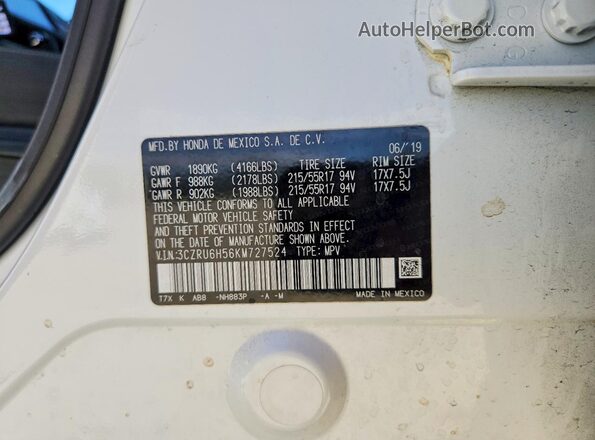 3CZRU6H56KM727524 2019 HONDA HR-V White VIN sticker view