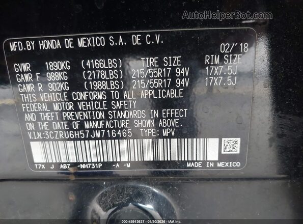 3CZRU6H57JM716465 2018 HONDA HR-V Black Engine compartment view