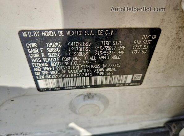 3CZRU6H57KM707945 2019 HONDA HR-V White Widok naklejki z numerem VIN