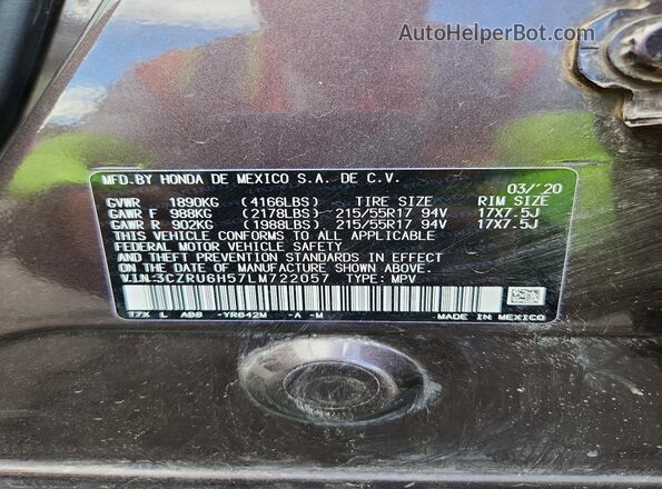 3CZRU6H57LM722057 2020 HONDA HR-V Brown 360 interior view