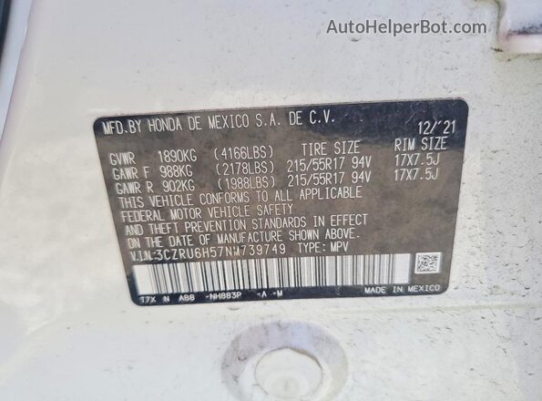 3CZRU6H57NM739749 2022 HONDA HR-V White Панорамний вид салону 360°