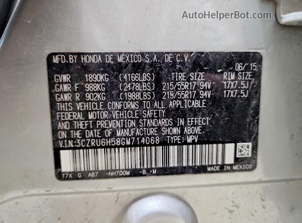 3CZRU6H58GM714068 2016 HONDA HR-V Silver Widok naklejki z numerem VIN