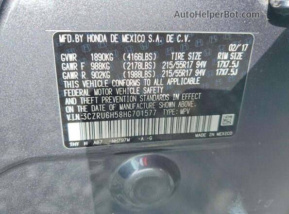 3CZRU6H58HG701577 2017 HONDA HR-V Gray Вид наклейки з VIN-кодом