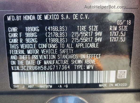 3CZRU6H58JG717364 2018 HONDA HR-V Gray VIN sticker view