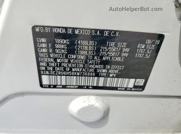 3CZRU6H58KM736886 2019 HONDA HR-V White Vista del compartimento del motor